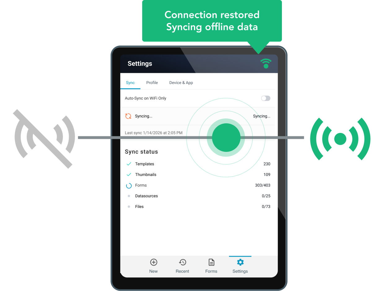 Capture rich data — photos, GPS, signatures, audio, and barcodes — from a nacelle, vault, or remote right-of-way, with or without a connection