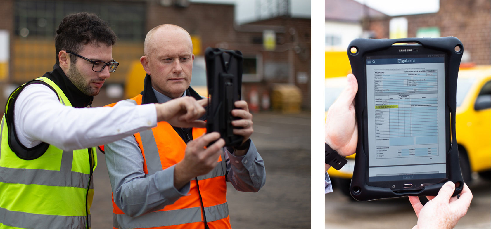 Two Farrans Construction engineers point to the GoFormz app on a tablet, while wearing yellow and orange safety vests at a construction site