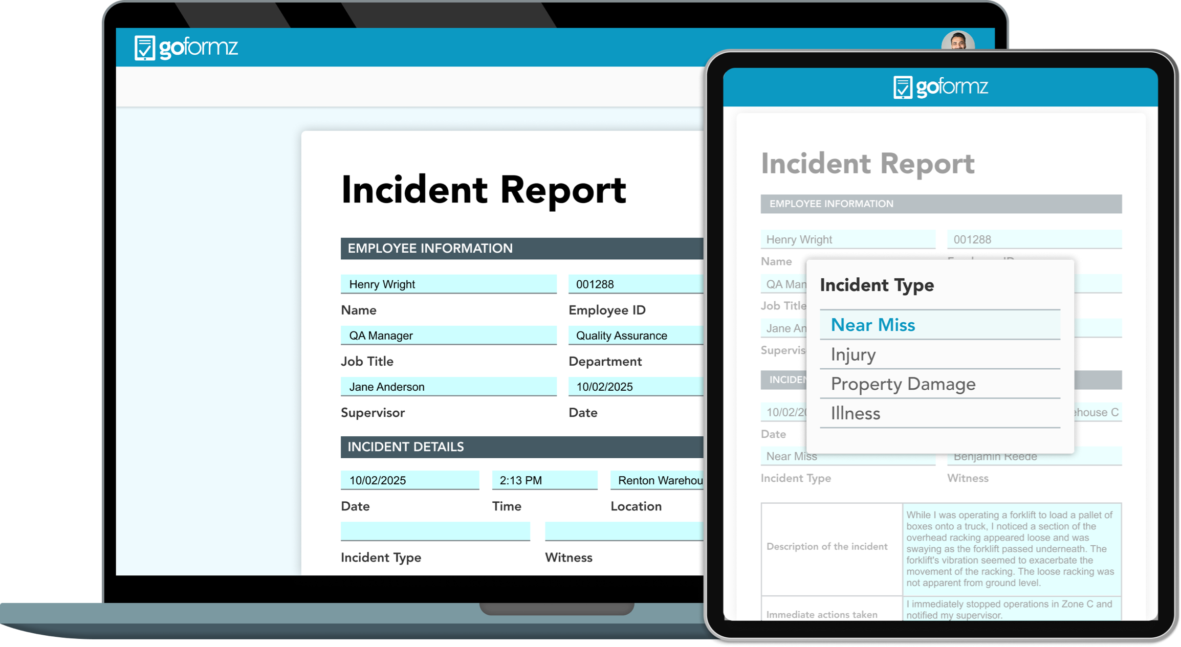 Digital incident report template on tablet and laptop with selectable incident types. 