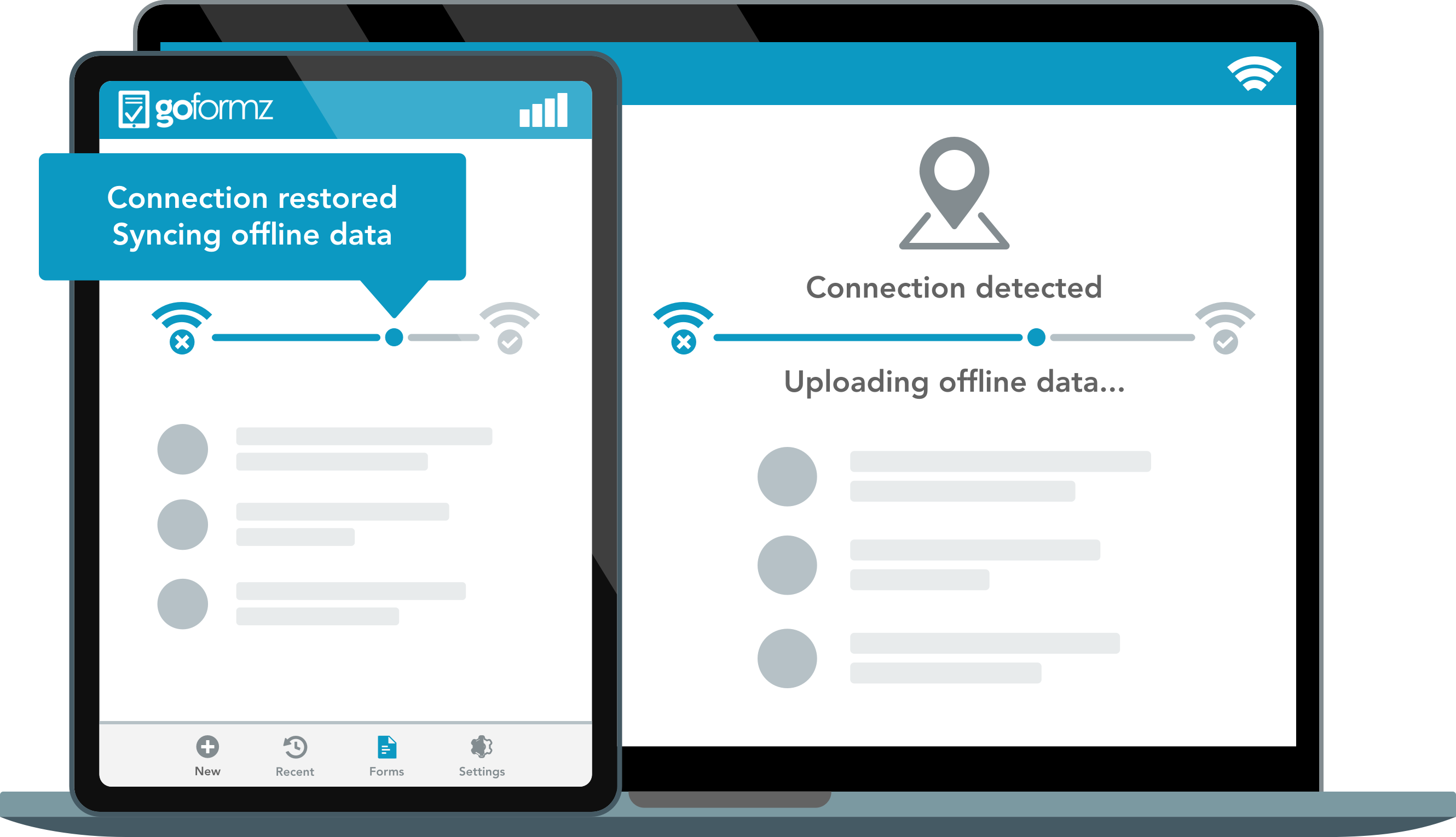 Mobile interface syncs offline form data once an internet connection is restored.