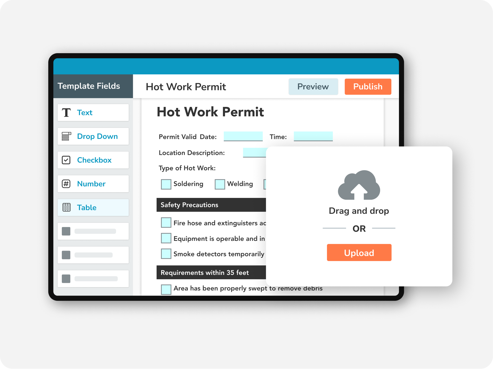GoFormz Form Template Builder uploading a Hot Work Permit with drag-and-drop fields for hazards, PPE, permits, and approvals.